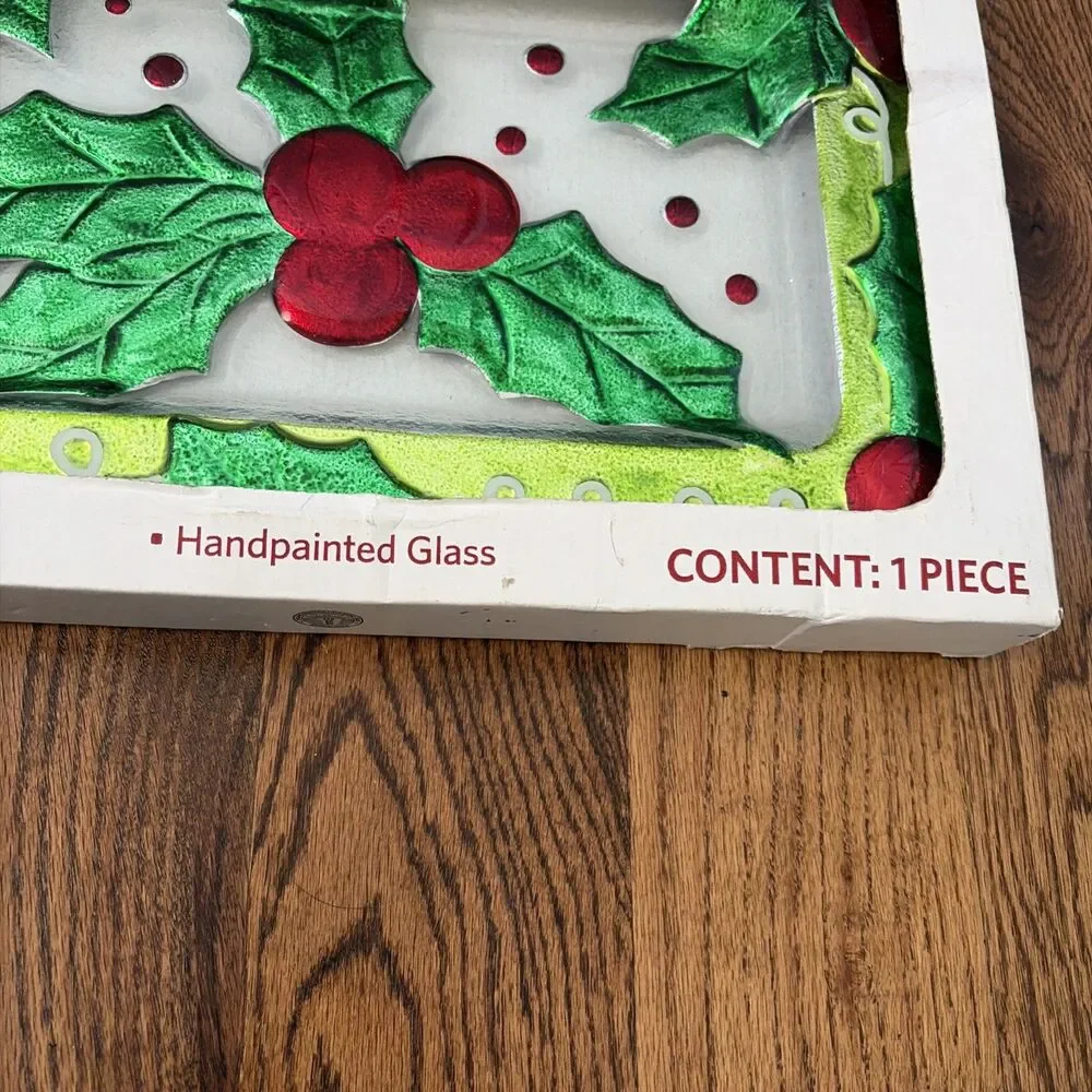 Christmas Holiday Holly and Berries Hand Painted 3D Glass 14